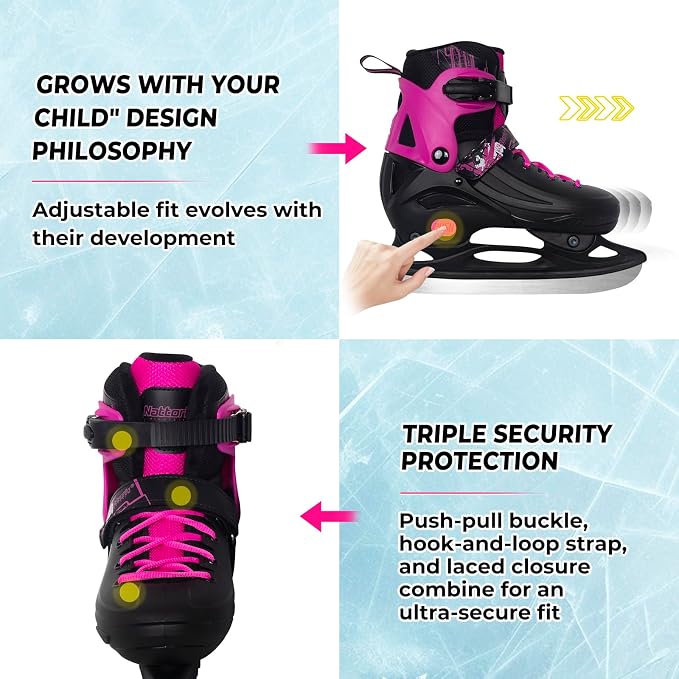 Nattork Ice Skates 4 Sizes Adjustable for Kids Boys Girls, Fun Beginner Ice Skating for Outdoor, Soft and Comfortable Hard Protection for Children Youths Teen