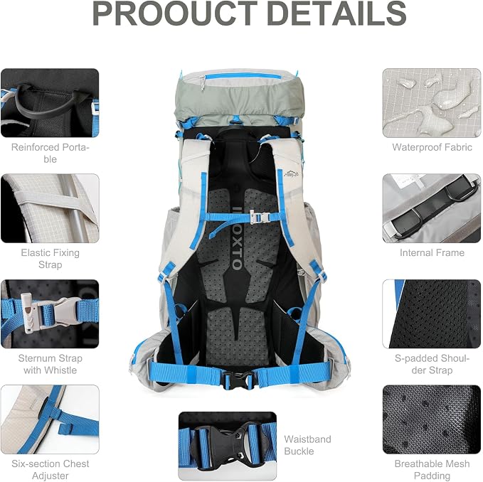 IX INOXTO 55L Internal Frame Waterproof Hiking Camping Backpack with 3L Water Bladder and Rain Cover, Large Lightweight Travel Daypack Rucksack for Climbing (Light Gray)