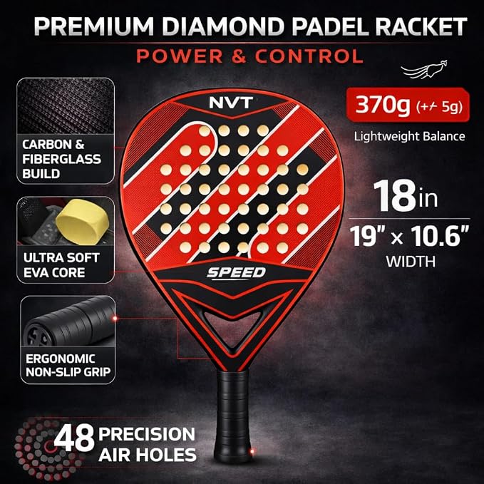 Padel Racket for Adults, Carbon Fiber Frame & Fiberglass Face, Lightweight Power & Control Paddle, Anti-Slip Grip for Training & Match Play Pala Padel Raqueta