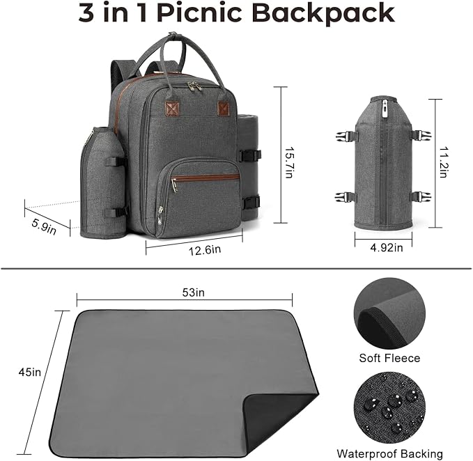 ALLCAMP Picnic Backpack, 2-Person Set with Blanket and Wine Holder, Gray | Insulated compartment, padded straps, Oxford fabric, couple gifts, family, camping, beach, climbing, parks, hands-free