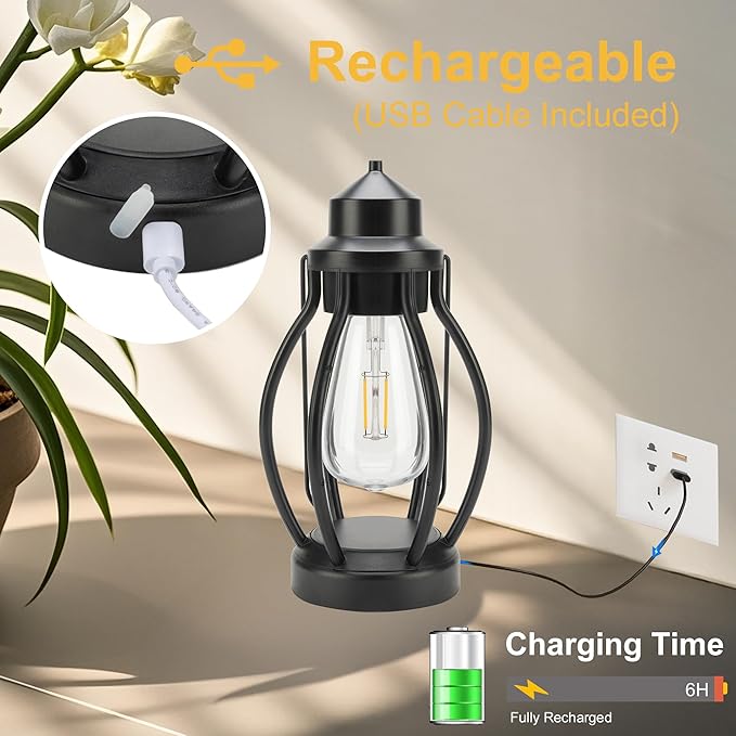 Rechargeable Outdoor Camping Lanterns 2Pack, Vintage Dimmable Hanging Outdoor Lanterns with Timer, Waterproof Battey Powered Indoor Table Lamps for Patio, Garden, Porch Decorations
