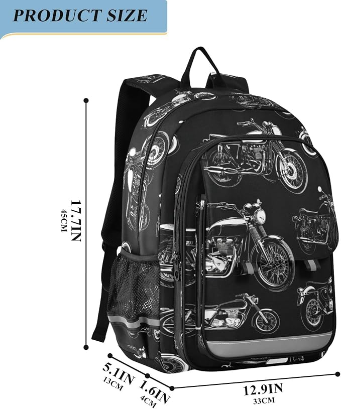 Fisyme Black White Motorcycles School Backpack Laptop Backpacks Bags Bookbag Travel Casual Computer Notebooks Daypacks