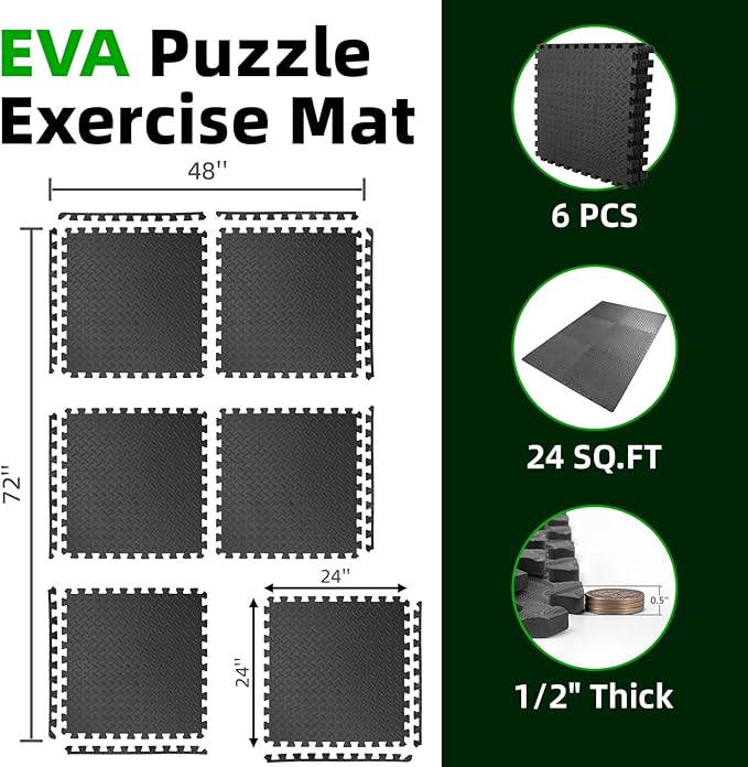 Art3d 6 Pack 24" x 24" EVA Interlocking Exercise Mats, 1/2" Thick Foam Puzzle Flooring for Workout, Gym Equipments, Training Areas, 24 Sq.FT, Black