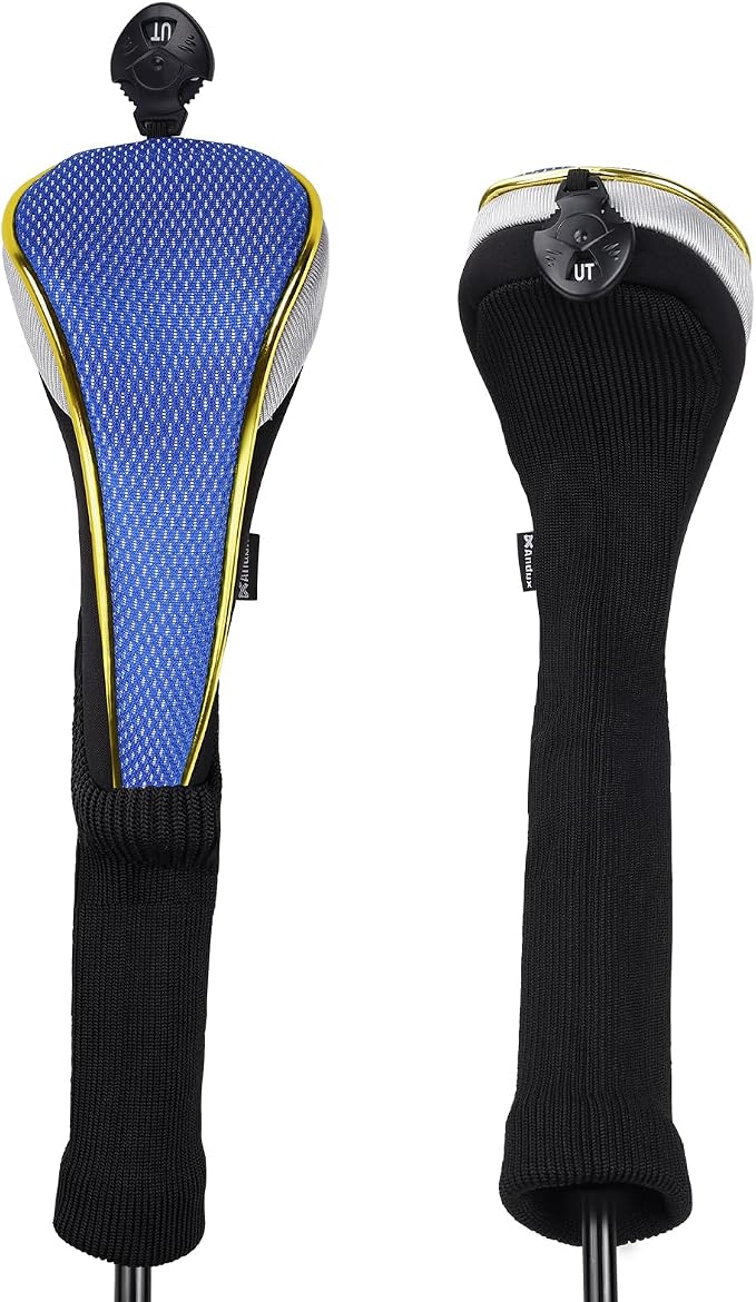Andux 2Pcs/Set Long Neck Gold Golf Hybrids Club Head Covers with Dial No. Tag MT/HY13