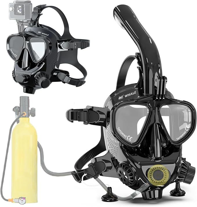 Adult Diving Mask Full Face Snorkelling Mask with Camera Mount Matching Oxygen Tank Connector Suitable for All Kinds of Diving Sports