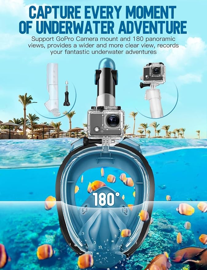 Full Face Snorkel Mask for Adults, 180° Panoramic Anti-Fog Snorkeling Gear with Dry Top System & Camera Mount, Foldable Anti-Leak Design for Travel, Swimming & Ocean Snorkeling