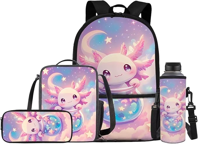 Axolotl Backpack for Girls School Bookbag with Lunch Box Pencil Case Water Bottle Holder 4 PCS Elementary Schoolbag Set Back to School Supplies 17 Inch Rucksack Daypack