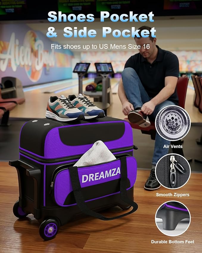 2 Ball Bowling Bag with Wheels, Double Bowling Ball Bag 2 Ball Roller w/Separate Compartment for Shoes Up to US Mens Size 16, w/Retractable Handle Extends to 40" & Accessories Pocket