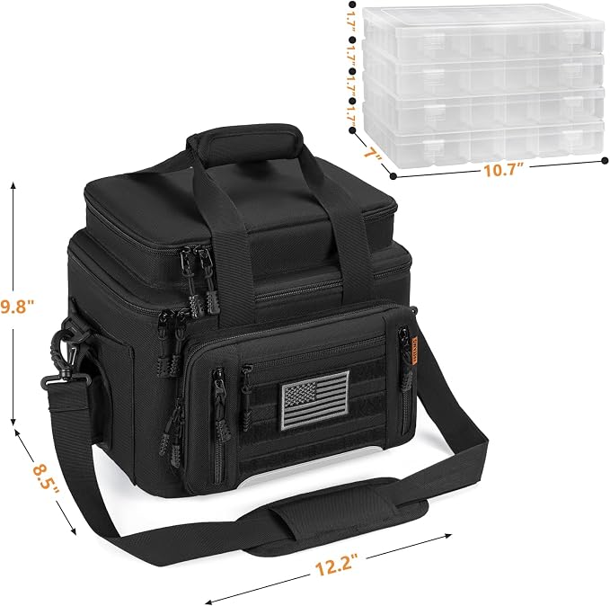 Fishing Tackle Bags with 4 * 3600 Tackle Trays - Saltwater & Freshwater Fishing Gear Bag Padded Shoulder Strap Tackle Box Bag (Black)