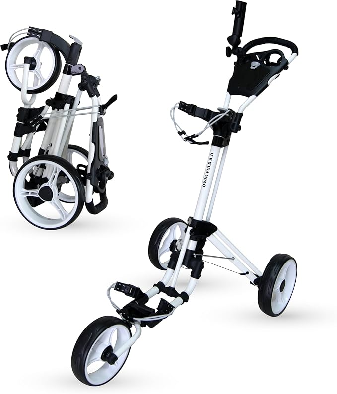 Qwik-Fold 3-Wheel Golf Push Cart with Foot Brake – 1-Second Fold & Unfold Folding Golf Trolley, Lightweight Aluminum Frame, Adjustable Handle, Ball-Bearing Wheels, Umbrella Holder & Storage