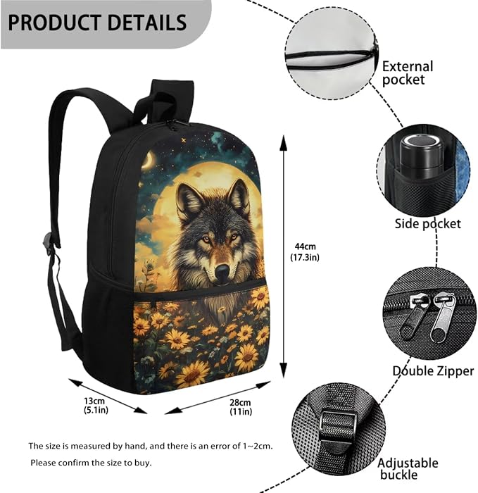 Wolf Backpack for Girls School Bag with Lunch Bag Pencil Case Water Bottle Holder Sunflower Kids Bookbag Set Back to School Supplies 4 Piece Rucksack Daypack Set