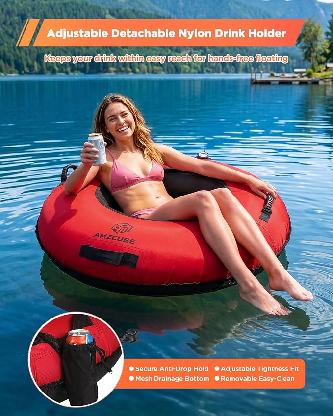 Heavy Duty River Tube for Floating, 44" River Float for Adults with Upgraded Handles and Drink Holder, Abrasion Proof 600D Canvas Cover Outdoor Inflatable Water Tube with Towable Strap
