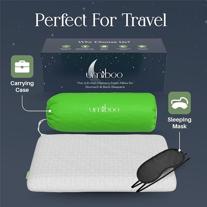 Umiboo by Focus Thin 2.5-Inch Memory Foam Pillow for Stomach and Back Sleepers 2-Pack (White) (2 Items)