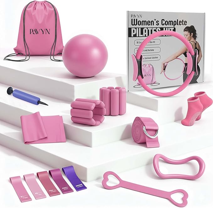 Pilates Kit for Women – 16 Pcs Home Pilates Equipment Set with Magic Circle Ring, Ball, 5 Resistance Bands, Yoga Strap, Ankle Weights, Grip Socks & More | Pilates Starter Kit