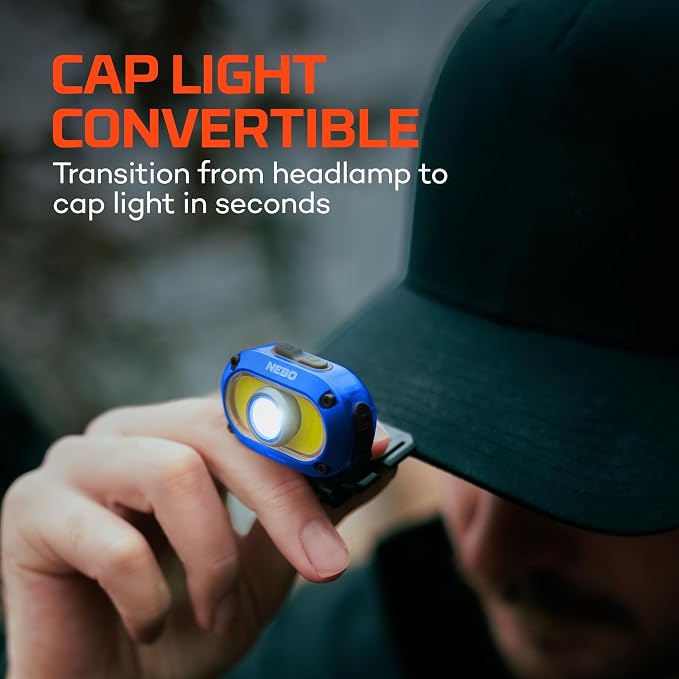 NEBO MYCRO 550+ Headlamp | 550 Lumens, 7 Light Modes, White & Red Light with Spot & Flood, USB-C Rechargeable, Water Resistant, Cap Light Convertible, Bright Light for Camping & Hiking – Blue