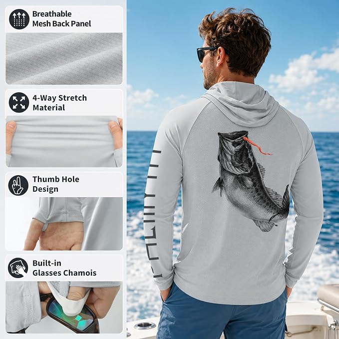 Palmyth Men's Fishing Hoodie Shirt UPF 50+ Quick-Dry Breathable Long Sleeve | Long Sleeve Fishing Shirt, UPF 50+ Sun Protection, Quick-Dry Fabric, Breathable Mesh Back, Built-in Face Mask, 4-way Stretch