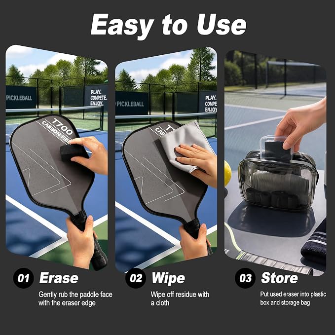 Pickleball Paddle Cleaner Eraser Set for Carbon Fiber | Come with Eraser, Storage Bag, Cloths Sweatbands, Removes Dirt and Residue, Restores Spin for Tournaments and Daily Play