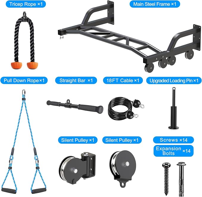 SELEWARE 48'' Heavy Duty Pull Up Bar Wall Mount Multi-function Chin up Bar with Home Gym Cable Pulley System LAT Pulldown Workout Attachments Heavy Bag Hanger