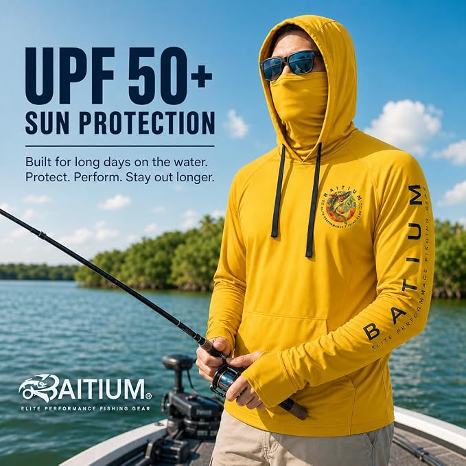 Fishing Shirts for Men,UPF50 Hooded Long Sleeve with Gaiter, Sun Protection Dry Fit Apparel, Face Mask, Fishing Clothes