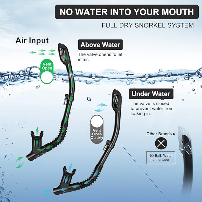 Odoland Snorkel Set, Adults Snorkeling Packages with Dry Top Diving Mask, Adjustable Swim Fins, Mesh Bag, Anti-Fog Anti-Leak Snorkeling Gear for Men Women