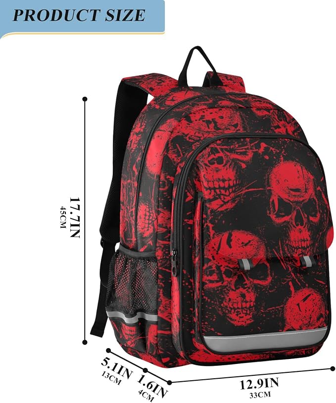 Fisyme Red Skull School Backpack Laptop Backpack Bags Bookbag Travel Casual Computer Notebooks Daypack