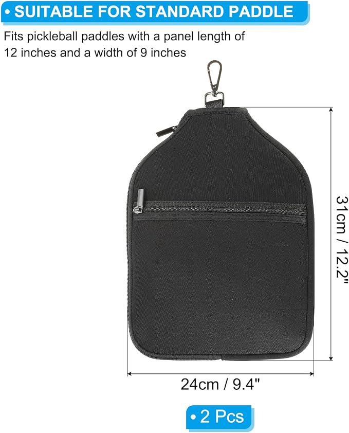 PATIKIL Pickleball Paddle Cover Universal 12.2x9.4 Inch, 2 Pack Neoprene Pickleball Racket Sleeve Paddle Storage Bag with Carrying Strap for Pickleball Paddles, Black