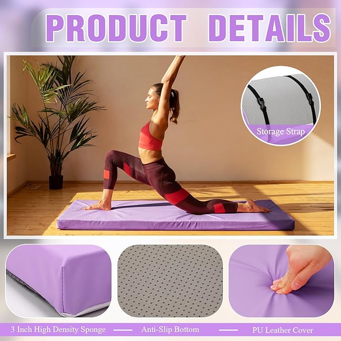 Lyrow 3 Inch 72"x 24" Thick Foldable Yoga Mat with Carry Strap, Non-slip Portable Foam Gym Mat for Yoga, Pilates and Stretching