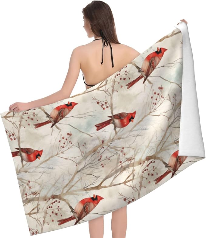 Cute Bird Beach Towel,32x52in,Quick-Dry Sand-Free Bath Towels,Microfiber Lightweight for Travel Pool Yoga Beach Outdoor Activities Decor Accessories Gifts (Retro Red Cardinal)
