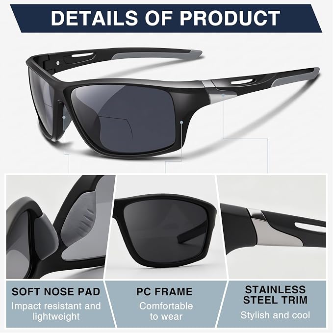 DEHOTRE 2 Pack Bifocal Reading Sunglasses Men Wrap Around Sports Sun Readers Outdoor Clear Top Soft Nose Pads PC Frame UV400