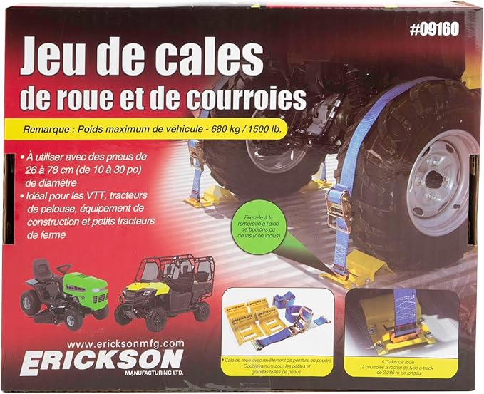 Erickson Wheel Chock Tie-Down Kit, 2 in x 7.5 ft, Double Slotted E-Fitting, Fits 10 in-30 in Tires, 1500 lb Ratchet Straps - Secures ATV, UTV, SxS, Mower & More
