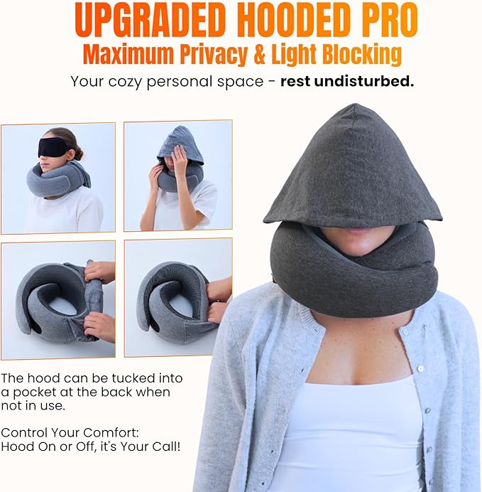 LOEXAIR™ Hooded Pro Travel Pillow - Memory Foam Neck Support Pillow for Airplane, Flight - Super-Soft Pure Cotton Fabric, Maximum Privacy & Light-Block Design, Lightweight Full Travel Kit - Dark Grey