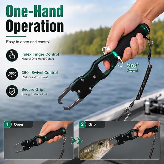 XKCZ 2-in-1 Fish Gripper with Scale, 40lb Fish Lip Gripper, One-Hand Fish Grabber with 360° Swivel, CNC-Machined Aluminum Fishing Gripper Tool with Lanyard for Bass, Saltwater Freshwater Fishing