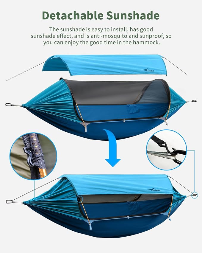Camping Hammock Tent with Mosquito Net and Removable Sunshade, 4 in 1 Function, Lightweight Hanging Hammocks Tree Straps Swing, Bivvy Ground Tent for Outside, Hiking, and Travel