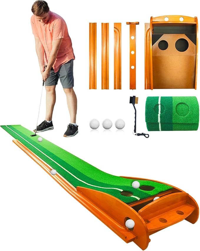 IDEASKY Golf Putting Mat, 9 Ft, Indoor | Auto Ball Return, Dual Holes, Alignment Guides, Gift for Men Daddy Golfer