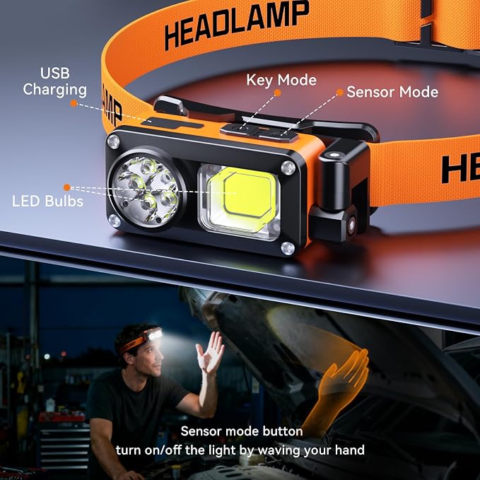 AlpsWolf Magnetic Rechargeable Headlamp - LED with Sensor Motion Camping Headlight, Mechanic Flashlight for Garage/Workshop/Vehicle Maintenance