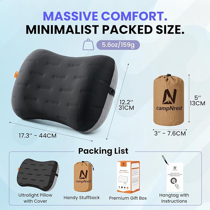 Inflatable Camping Pillow - Ultralight Compact Air Pillow for Travel, Backpacking & Hiking - Ergonomic Neck & Lumbar Support - Portable Inflatable Pillow with Removable Washable Cover - (Black)