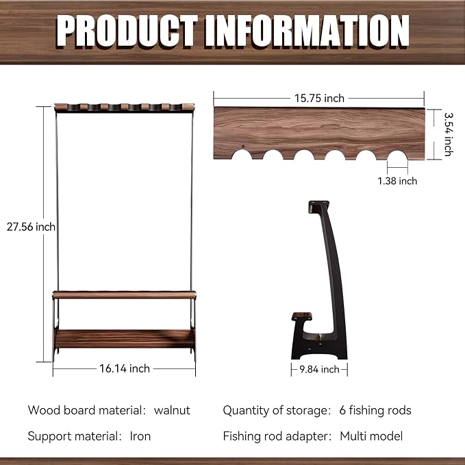 Fishing Rod Holder for 6 Rods, Fishing Pole Holder for Garage Organization and Storage, for Fishing Reels, Bamboo Material and Walnut Wood (Bamboo)