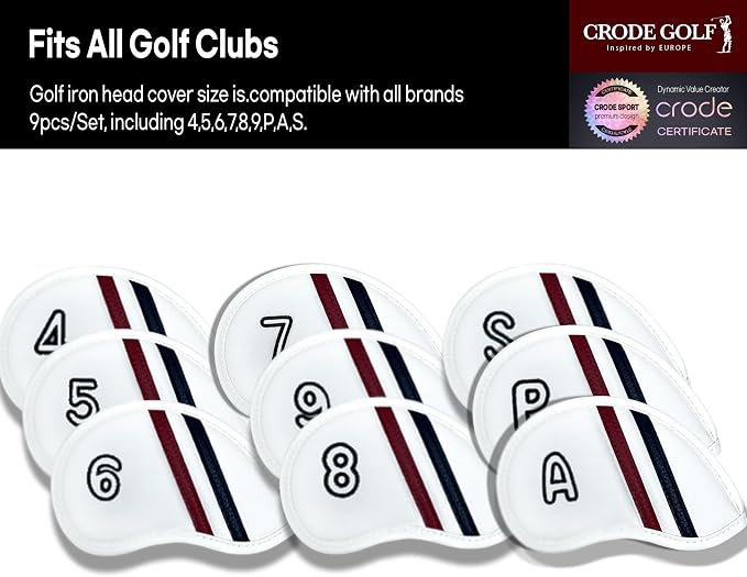CRODE Golf Club Head Covers Premium Leather for Iron(9pcs/Set), Driver, Fairway Wood, Hybrid, Blade Putter, and Mallet Putter Cover Fit Most Brands