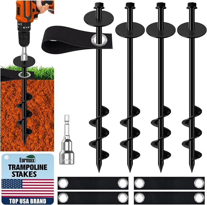 Eurmax USA 4 Pack Universal Ground Anchors High Wind, Heavy Duty Screw-in Trampoline Stakes with 4 Straps, Upgraded Commercial Anchor Kit for Outdoor Sheds, Swing Sets & Mobile Homes (Black)