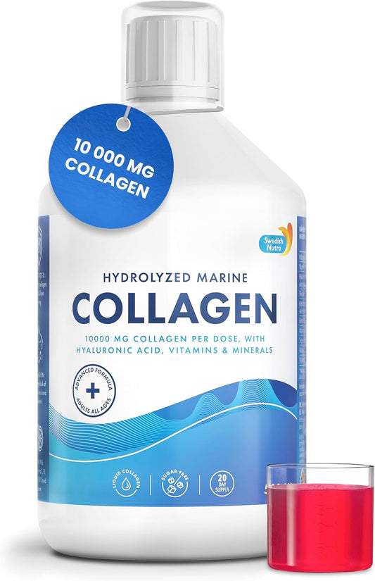 Swedish Nutra - 10,000 mg Hydrolyzed Marine Collagen Liquid Supplement - 500 ml, 20 Day Supply | Hyaluronic Acid, Biotin and Vitamin C to Support Healthy Hair, Skin, Nails and Joints | Sugar-Free