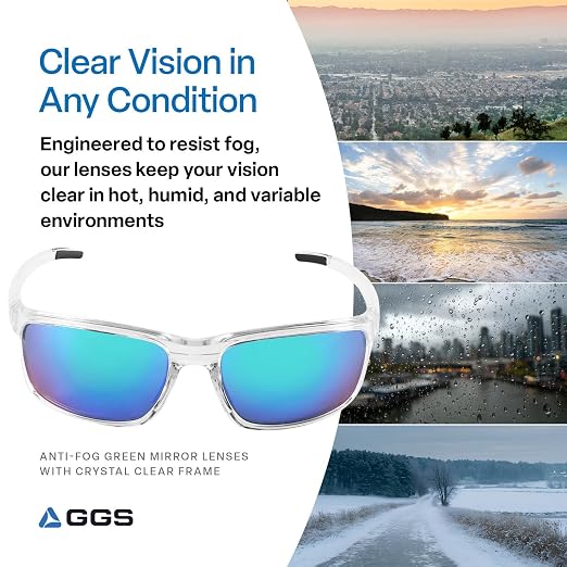 Bullhead Safety Eyewear Pompano Glasses – Anti-Fog, Lightweight, Scratch Resistant, UV Light Blocking Sunglasses for Driving, Golf, Boating, Outdoor Work, Green Mirror Lens