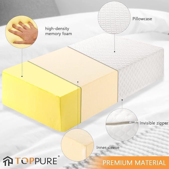 TOPPURE Cube Memory Foam Pillow for Side Sleepers (24"x12"x6" Extra Thick Pillow), Cervical Pillow for Neck and Shoulder Pain Relief, Neck Pillow, Bed Pillow with Washable Pillowcase, White