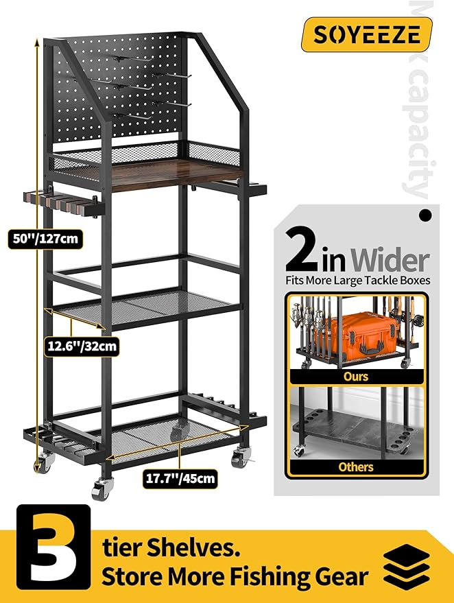 SOYEEZE Fishing Rod Holders for Garage, Fishing Pole Holders Up to 12 Rods with Pegboard and Hooks,Rolling Fishing Cart with Wheels, Fishing Gear Storage For Tackle Box & Reel Organization