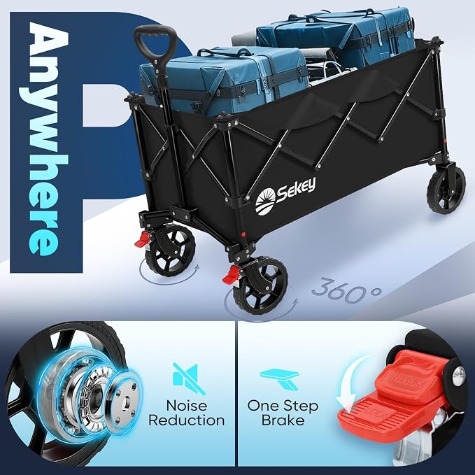 Sekey Collapsible Foldable Wagon with 330lbs Weight Capacity, Heavy Duty Folding Wagon Cart with Big All-Terrain Wheels. Black