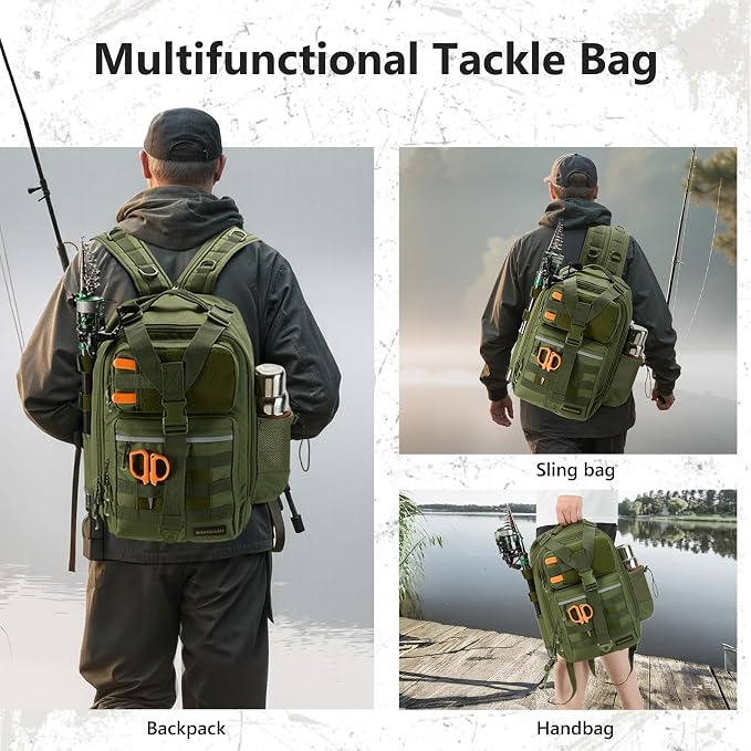 BASSDASH Convertible Fishing Backpack Sling Bag with Rod Holder, Adjustable Tactical Water-Resistant Tackle Storage Pack FP07