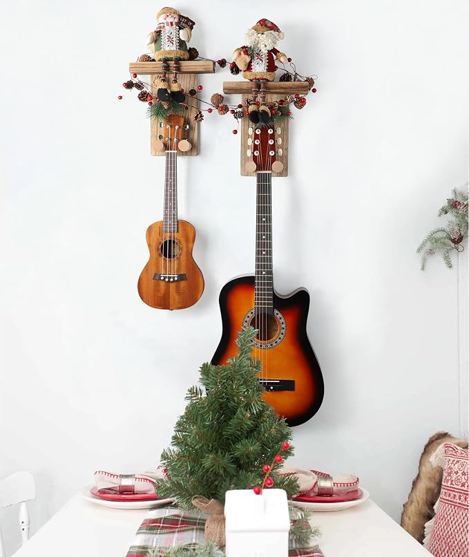 Keebofly 2 Pack Guitar Hanger Wall Shelf with Pick Holder Wood Rack for Acoustic, Electric, Ukulele, Bass, Mandolin - Brown (Patented)