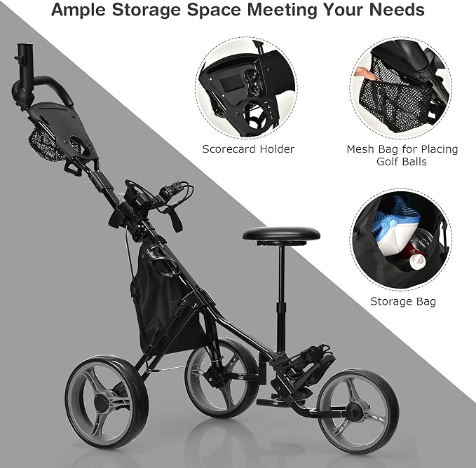 GYMAX Foldable 3-Wheel Height Adjustable Lightweight Golf Caddy Cart with Umbrella Holder, Hydraulic Seat, Storage Bag & Cup Holder