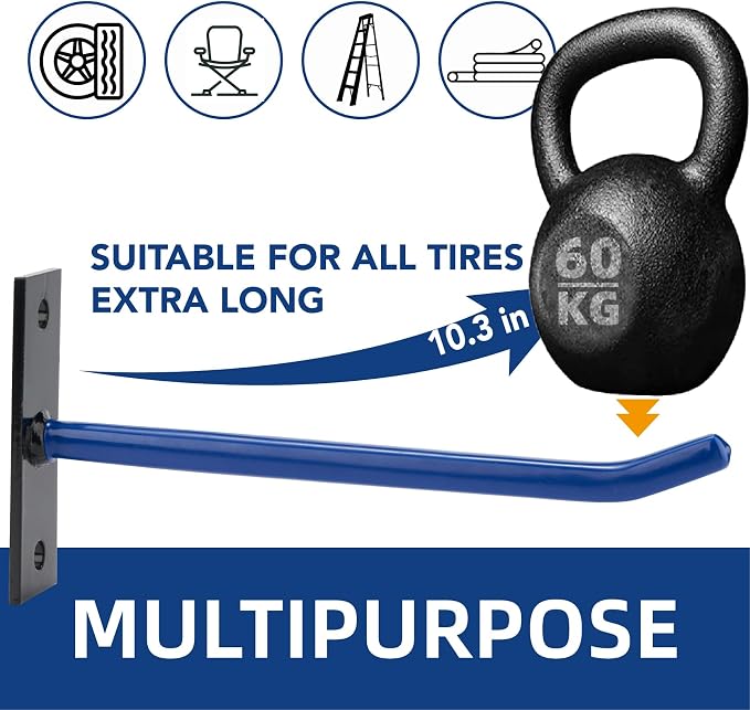 Sinoer 10-Inch Heavy Duty Steel Tire Rack Wall Mount (4-Pack) – Anti-Slip Garage Tires Hooks for Tire, Wheel, Ladder, Bike & Tool Storage – Garage Organization Hanger with Screws & Anchors,Blue