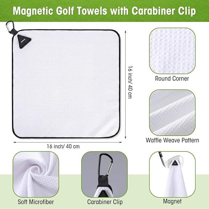 Batiyeer Magnetic Golf Towel Bulk 16" x 16" Microfiber Fabric Towels with Clip Waffle Absorbent Strength Magnet Golf Accessories Ball Cleaner for Carts Men