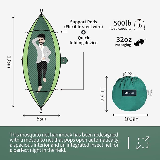 Hammock with Mosquito Net - Lightweight, Portable, 1 Person Hammock - for Camping, Hiking, Backpacking, Travel, a Festival, or The Beach (Dark Green)